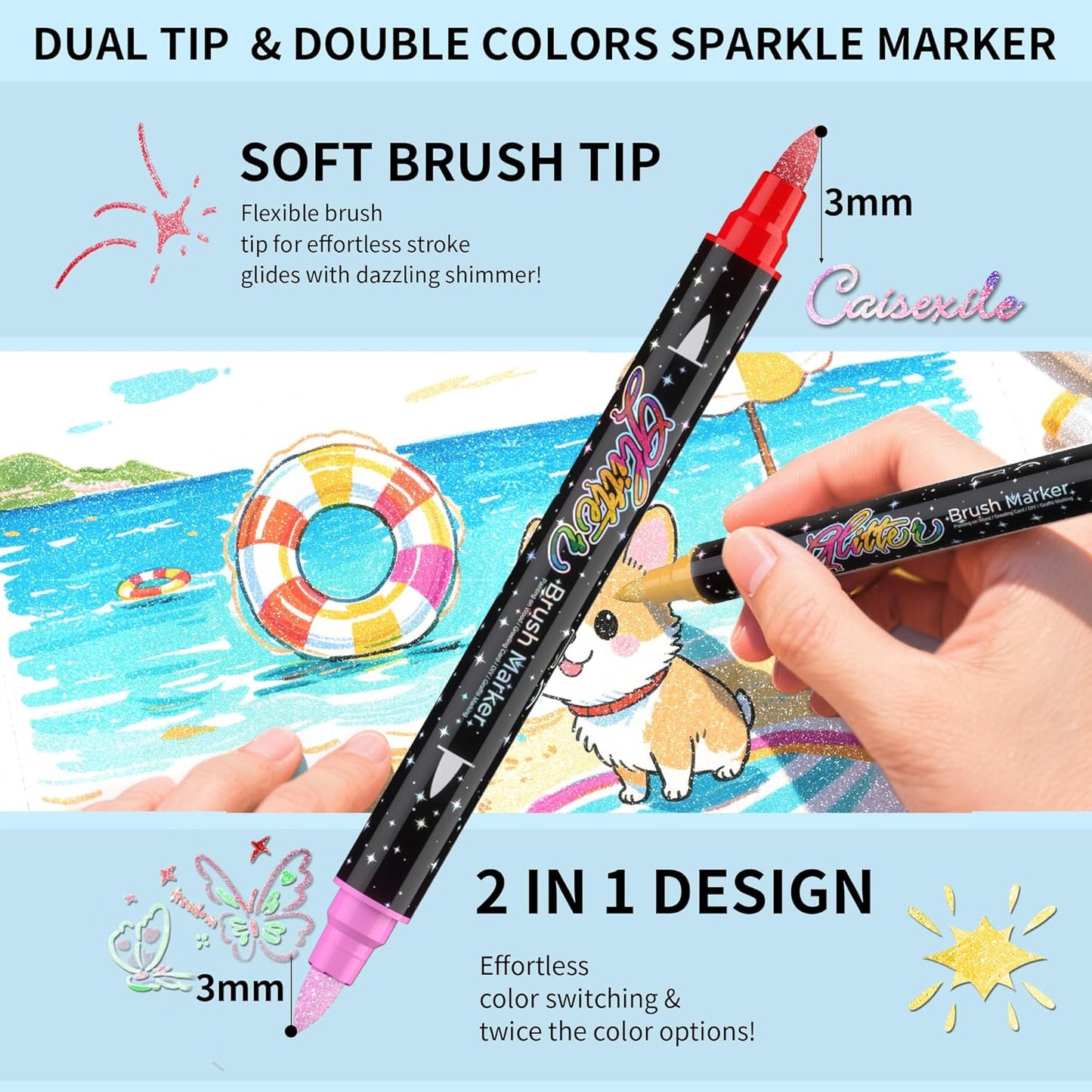 24 Colors Dual-tip Watercolor Markers, 12 Pack Glitter Brush Markers, Water-based Ink Sparkle Pen,Glitter Paint Pens for Adults Coloring,DIY Crafts,Doodle Writing, Art Crafts Gifts