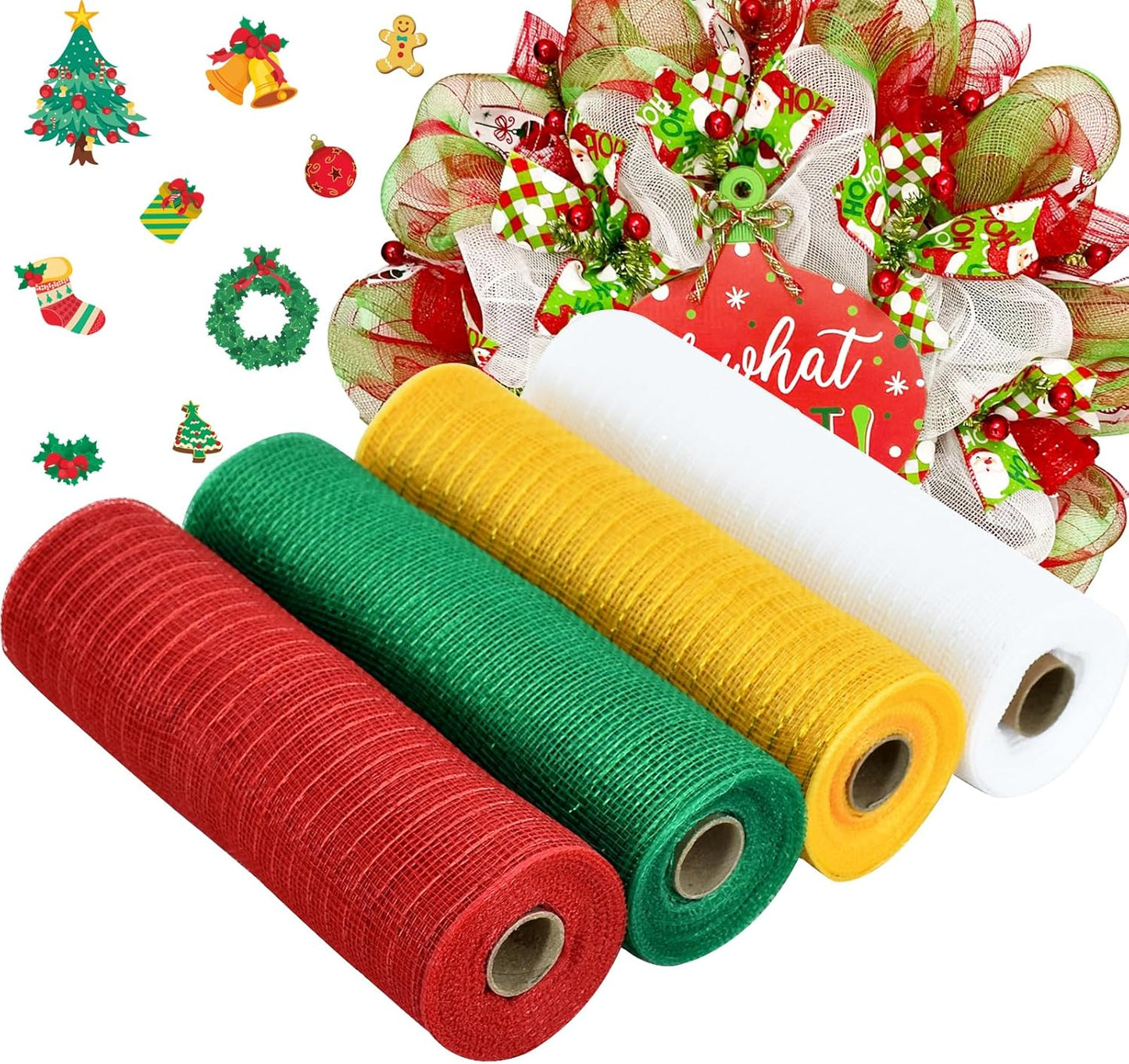 TONIFUL 4 Roll 10 Inch Red White Green Gold Decorative Mesh Ribbon Rolls, Fabric Mesh with Foil for Wreaths Front Door Decor Christmas Festival Party Accessories Party Decoration Supplies (10yds/roll
