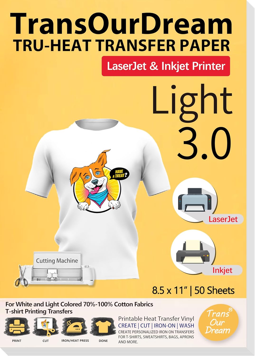 TransOurDream Tru-Heat Transfer Paper for Inkjet & Laserjet Printer (50 Sheets 8.5x11, 3.0) Printable HTV Heat Transfer Vinyl for T Shirts Iron on Transfers for Light Fabrics (L3-50)