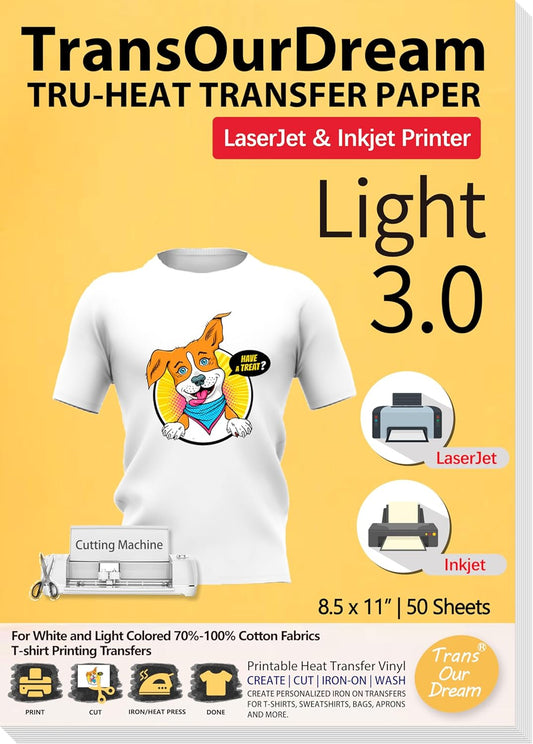 TransOurDream Tru-Heat Transfer Paper for Inkjet & Laserjet Printer (50 Sheets 8.5x11, 3.0) Printable HTV Heat Transfer Vinyl for T Shirts Iron on Transfers for Light Fabrics (L3-50)