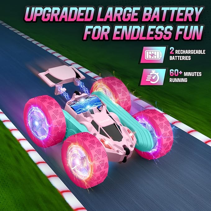 Pink Remote Control Car for Girls, Double Sided with Shining Headlights & Wheel Lights, Girl Princess Toys, Rechargeable Toy Car for 6-7 6-8 9 10-12 Year Old Girls Birthday