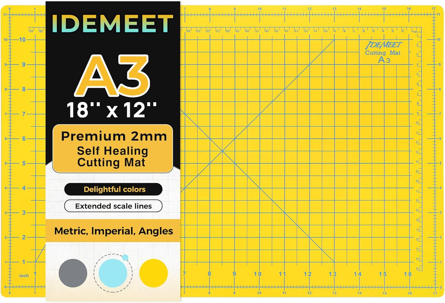 Premium Self Healing Cutting Mat 18'' x 12'', A3 Non-slip Sewing Mat for Quilting, 5-Ply Rotary Cutting Board Double-Sided for Crafts Cutting Fabric Scrapbooking Modeling Projects, Lemon Yellow