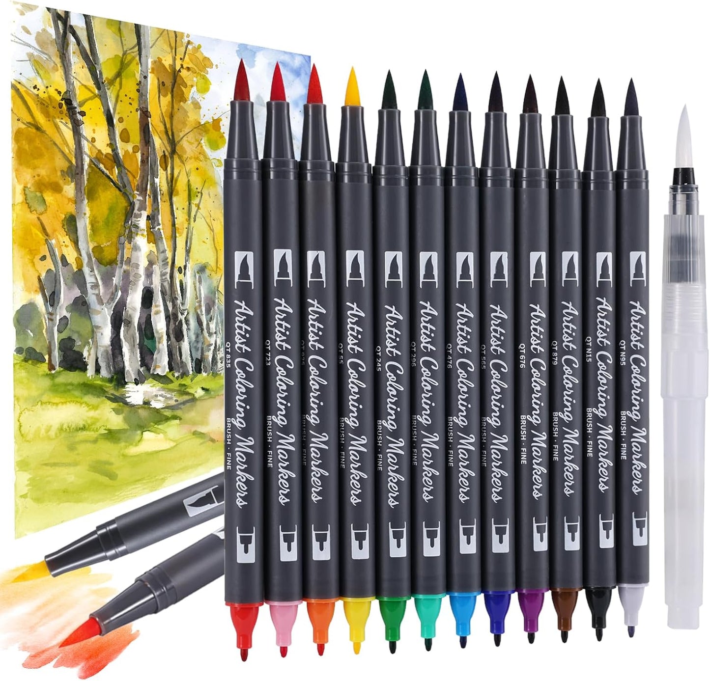 12 Colors Blendable Watercolor Markers 2025 Upgrade Double Tip Paint Pens with 1 Water Brush Pen Water Based Coloring Pens Drawing Markers Set with Flexible Brush Tip for Artists and Beginners