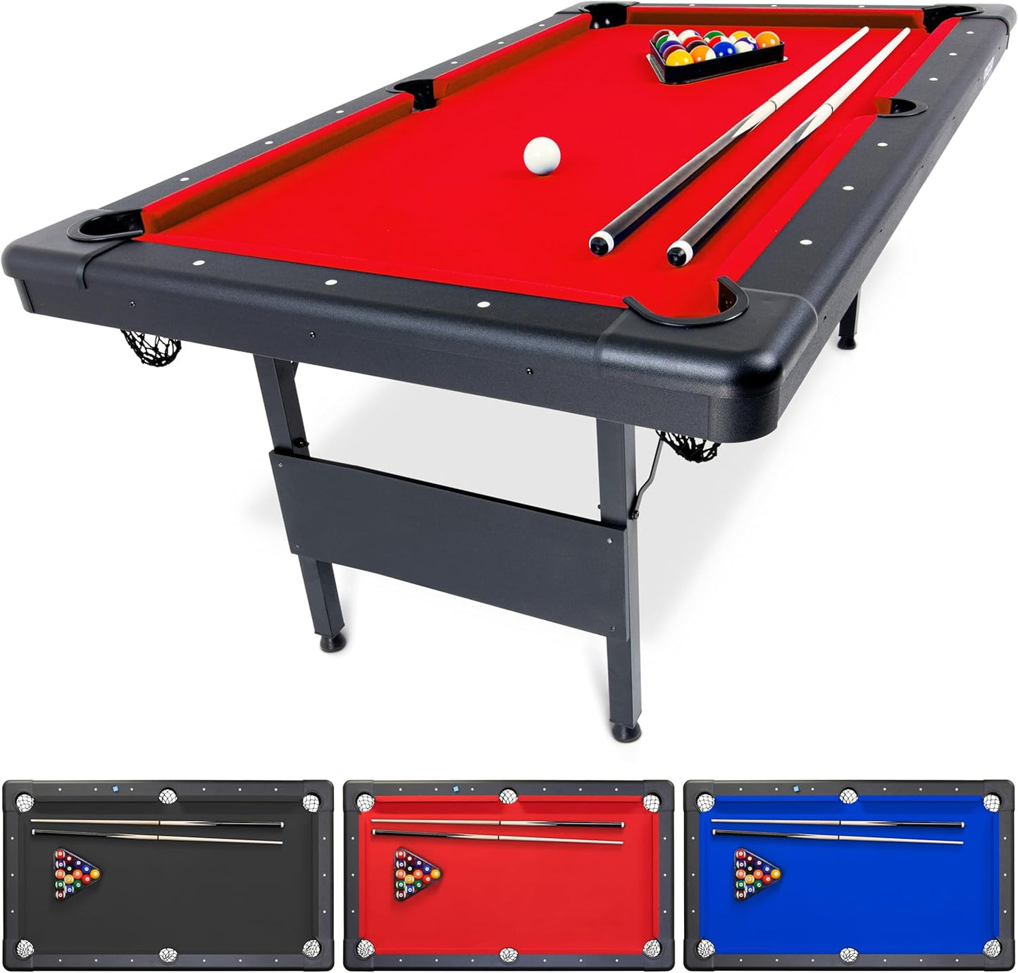 GoSports 6, 7, or 8 ft Billiards Tables - No Assembly, Choose Your Color - Portable Pool Table Includes Full Set of Balls, 2 Cue Sticks, Chalk and Felt Brush
