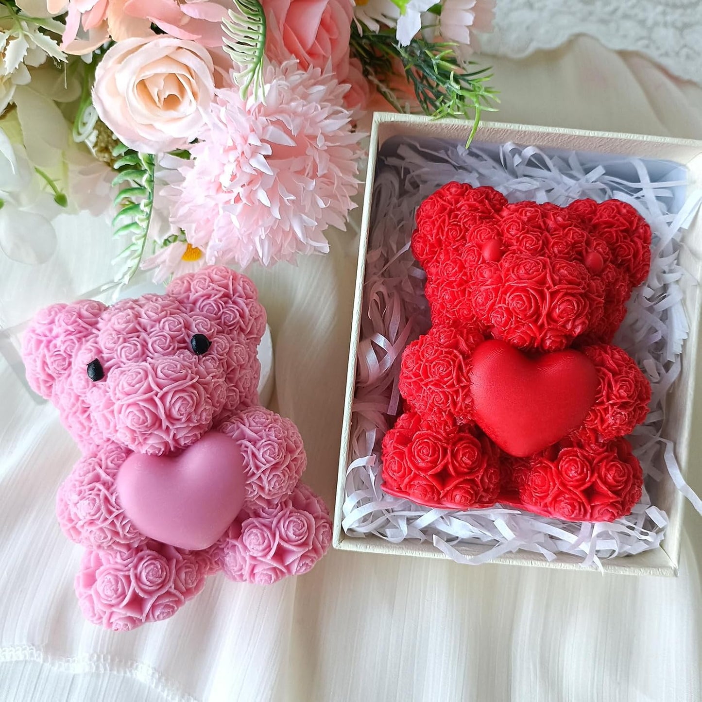 Rose Bear Silicone Mold - 3D Teddy Bear Candle Making Molds, Cute Epoxy Resin Molds for DIY Handmade Soaps, Mother's Day Gifts, Father's Day Gifts, Birthday Gifts (Extra Large)