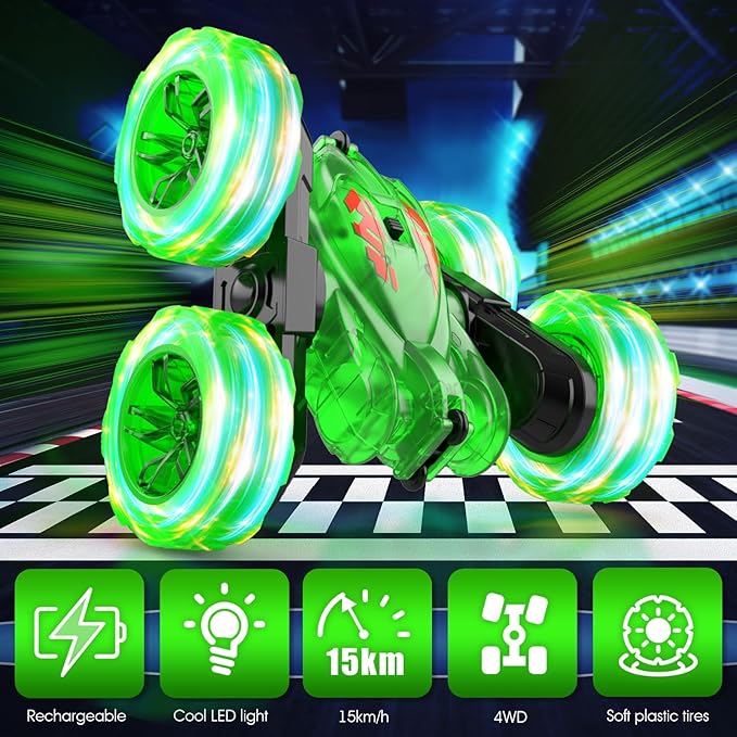 Remote Control Car-Rechargeable Fast Direct Charging RC Cars For Kids with Colorful Light,Double-Sided 360° Rotating Stunt 4WD RC Truck Car Toys for Ages 5-7 Gift for Boys Girls Aged 8-12 Green