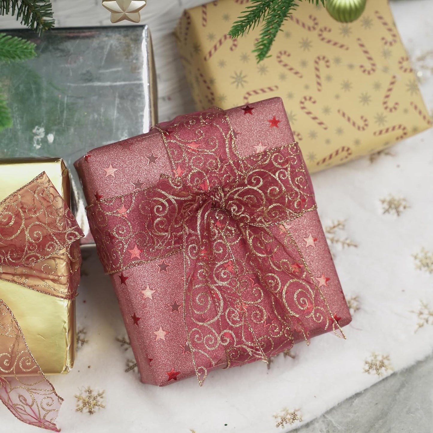 MEEDEE Red Gold Swirl Wired Ribbon 2.5 Inch Dark Red Sheer Ribbon with Gold Swirl Glitter Wired Ribbon Organza Sheer Ribbon 25 Yards Burgundy Sheer Christmas Ribbon for Christmas Tree, Wreath Bow