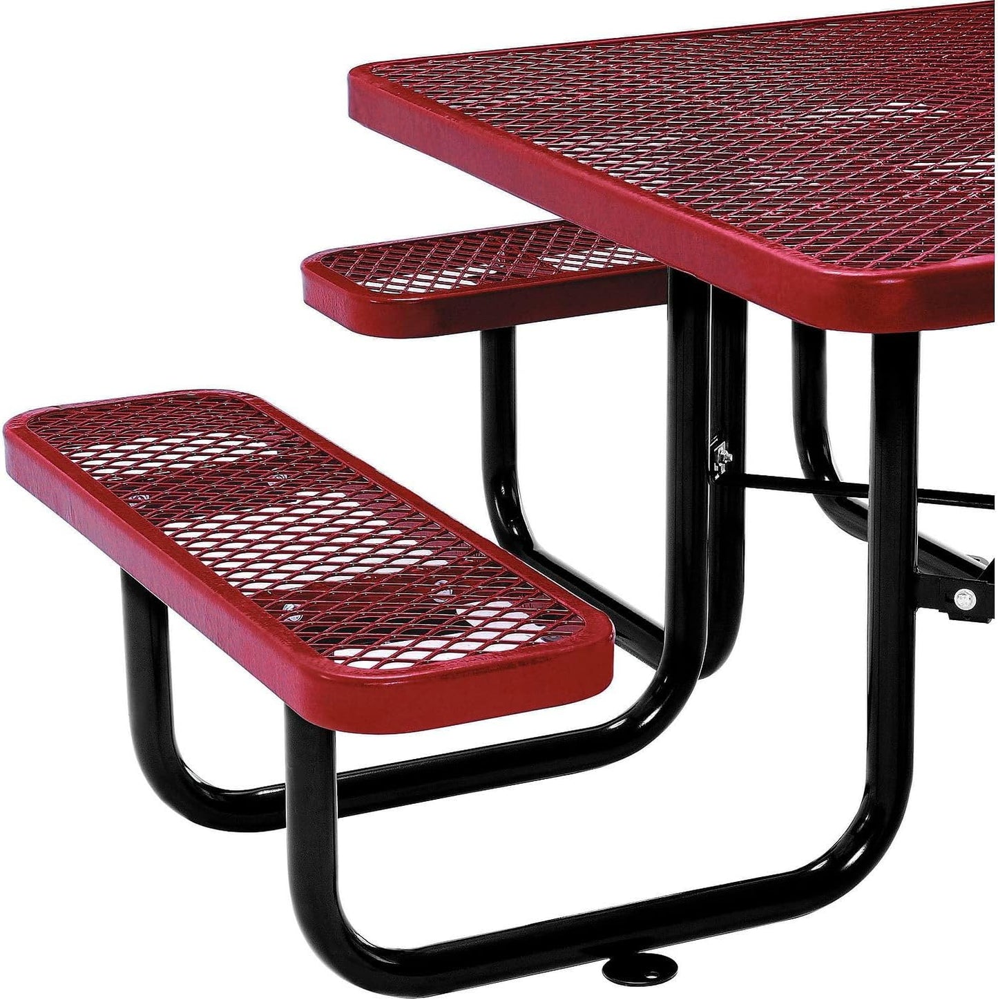 Global Industrial 46" Square Picnic Table, Expanded Metal, Red Thermoplastic Coating, Attached Benches, 1-1/2” Umbrella Pole Hole, Outdoor-Rated, 1000 lb Capacity