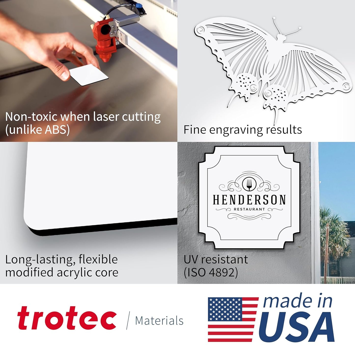Trotec TroLase | 8"x12"x1/16", 10 Pcs | White/Black | 2 Ply | Modified Acrylic | Laser Engraving Double Color Plastic Sheet | Engraving Blanks for Laser, Saw, Guillotine | Made in USA
