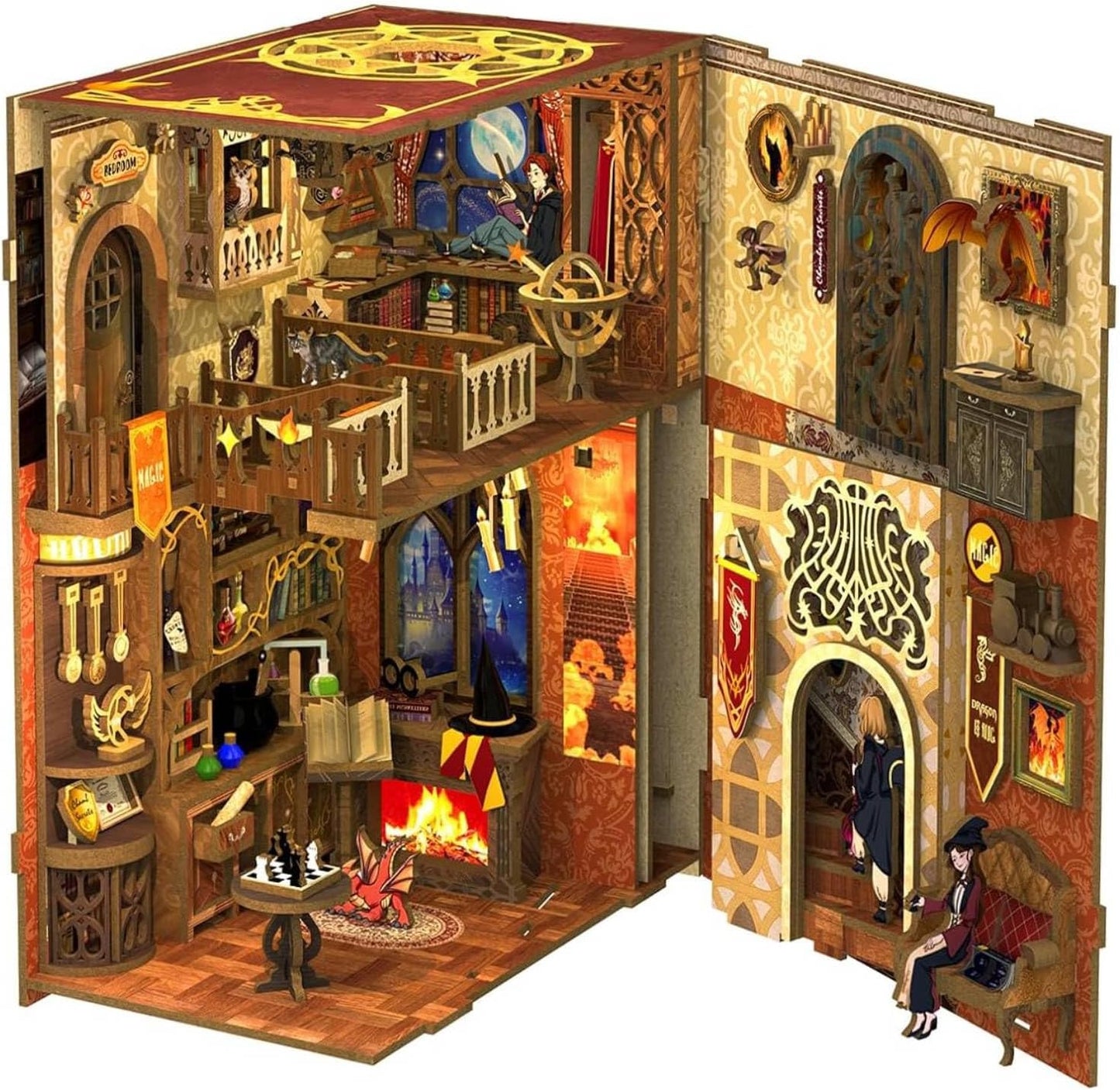 Fsolis Book Nook Kit, DIY Miniature Room House Kit 3D Wooden Puzzle Craft Kit for Adults Decorative Bookend Bookshelf Bookcase Nook Decor Gifts for Women Teens and Book Lovers (Flam Common Room)