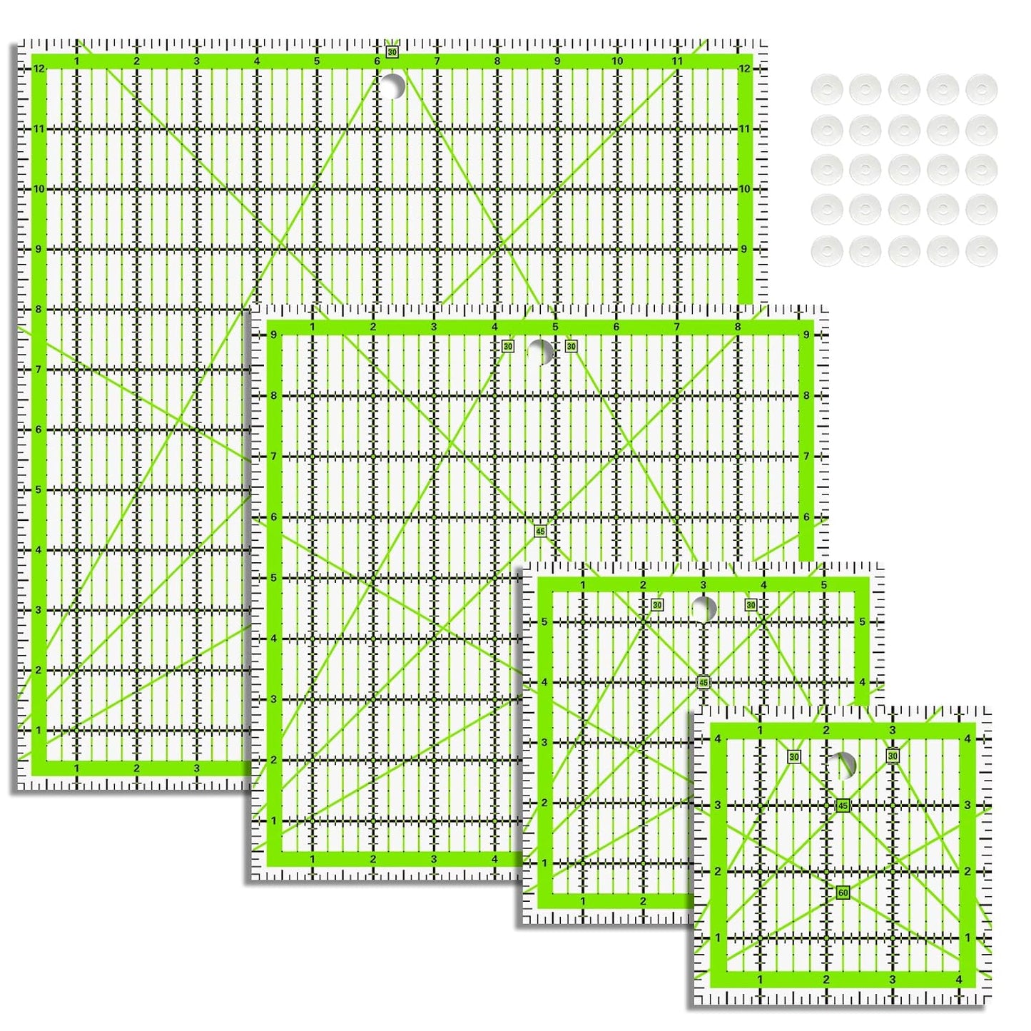 Quilting Rulers, Acrylic Quilt Ruler,4 Square Fabric Cutting Ruler (4.5"X4.5", 6"X6", 9.5"X9.5", 12.5"X12.5"), Quilting Templates with Non Slip Rings.
