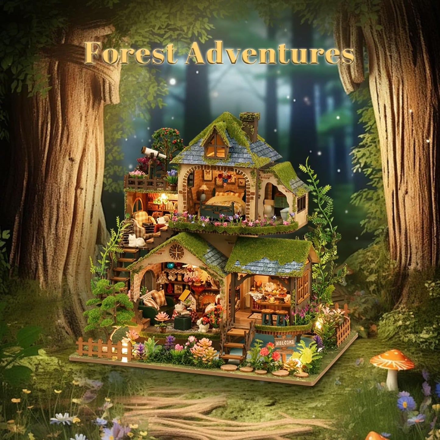 Miniature House Kit, 3D Wooden Puzzles for Adults, DIY Miniature Kit, Dollhouse Kit, Mini House Building Kit, Doll House Kits for Adults Teen to Build (Forest Adventure)