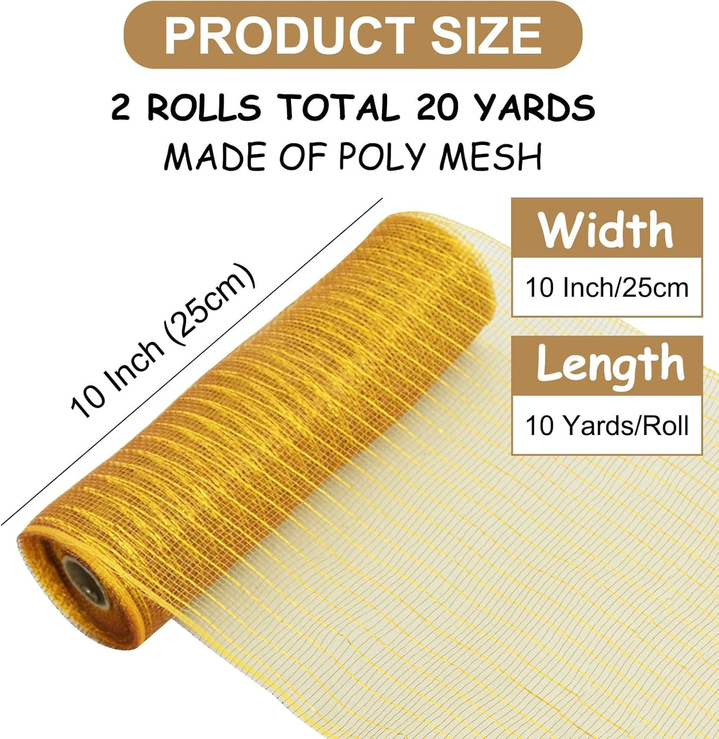 TONIFUL 2 Rolls 10 Inch Dark Gold Decorative Mesh Ribbbon Rolls, Fabric Mesh with Foil for Wreath Supplies, Front Door Wreath Crafts Tree Decor Christmas NewYears Halloween Decoration (10 yds/roll)