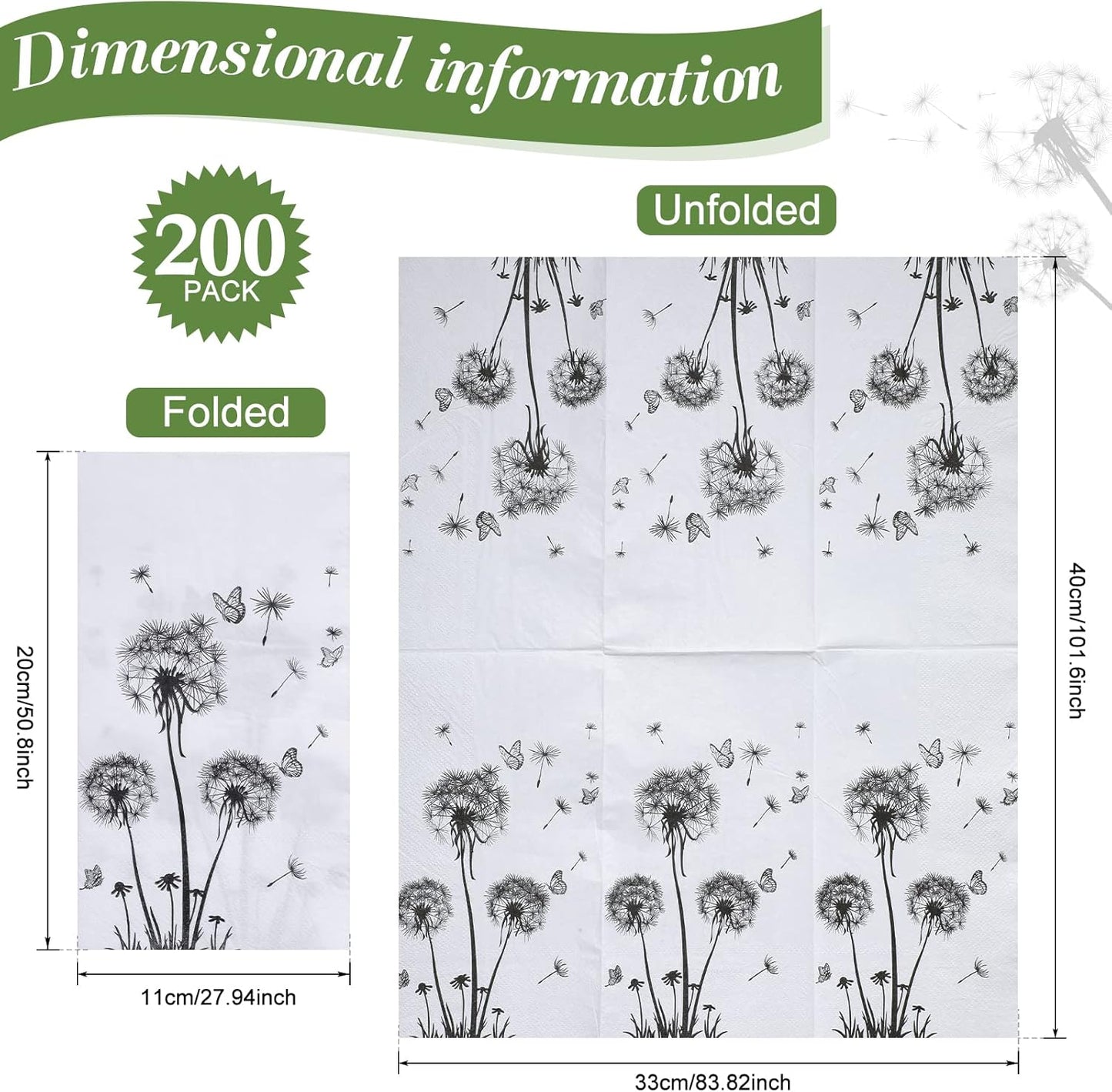 200 Sheets Dandelion Guest Towels Disposable for Bathroom Disposable Paper Napkins for Dinner Party Kitchen Floral Paper Hand Towels for Guest Party Supplies (4.3 x 7.9 Inch)