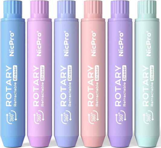 Nicpro 6 Pack Rotary Retractable Erasers Pen Style, Aesthetic Pastel Twist Erasers in Macaron Colors, Clean Erasing TPE Eraser for School Supplies, Office, Drawing & Journaling