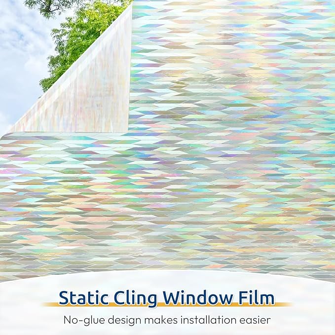 rabbitgoo Window Privacy Film with Installation Tools, Stained Glass Window Film Rainbow Prism Decorative Glass Clings for Home Decor, Static Cling Covering Sun Blocking, 17.5" x 78.7"