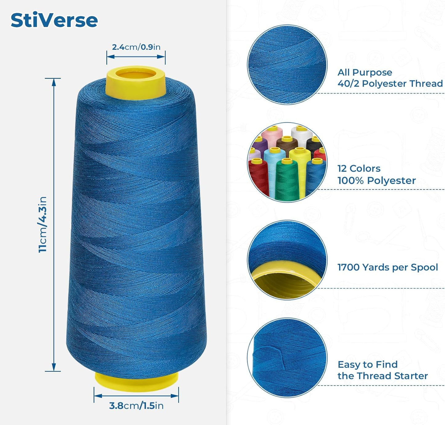 12 Pack Serger Thread Cones, 1800 Yards Each Spool Overlock Thread, PolyesterThread 40s/2 for Serger&Overlock, Quilting, Piecing, Sewing Machine