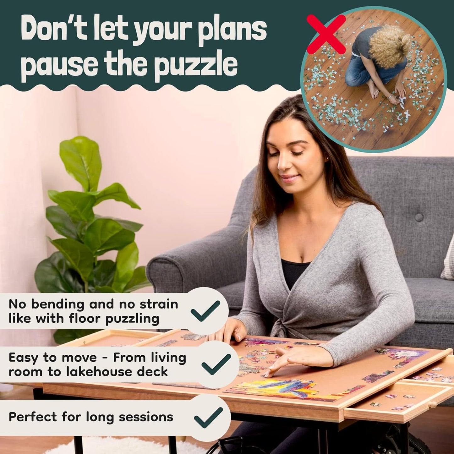 Gondola 1500 Pieces Puzzle Board with Mug Holders, 6 Drawers and Cover, Sturdy Jigsaw Puzzle Table Tray, 26"x35" Portable Wooden Jigsaw Puzzles Accessories, Jig Saw Home Holder Organizer Boards