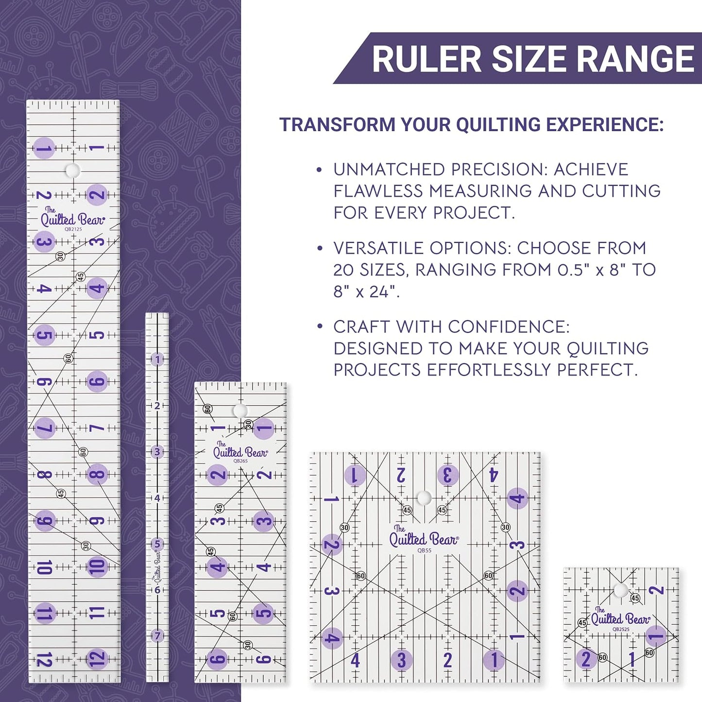 The Quilted Bear Quilting Rulers - Transparent Acrylic Non Slip Quilting, Patchwork & Sewing Ruler with Clear Black Lines & 30, 45 & 60 Degree Angles for Perfect Accuracy & Precision (3.5" x 3.5")