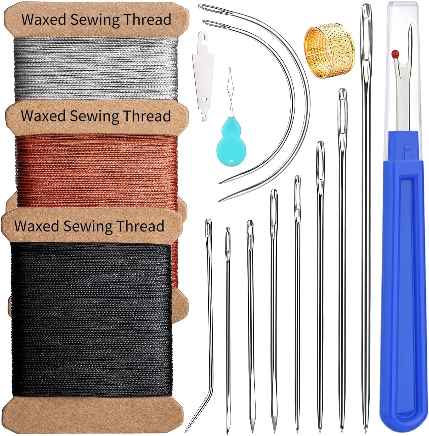 Upholstery Repair Kit, 0.55mm 98 Yard (3 Colors) Waxed Thread with 8 Pcs Heavy Duty Leather Needles for Hand Stitching, Canvas & Quilting - Round Waxed Thread- Black/Gray/Brown
