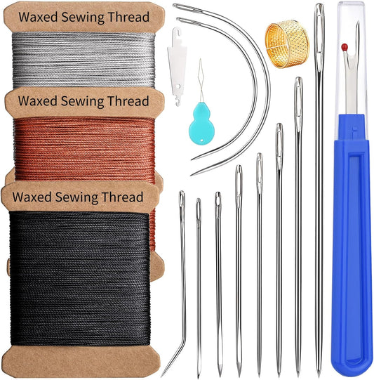 Upholstery Repair Kit, 0.55mm 98 Yard (3 Colors) Waxed Thread with 8 Pcs Heavy Duty Leather Needles for Hand Stitching, Canvas & Quilting - Round Waxed Thread- Black/Gray/Brown