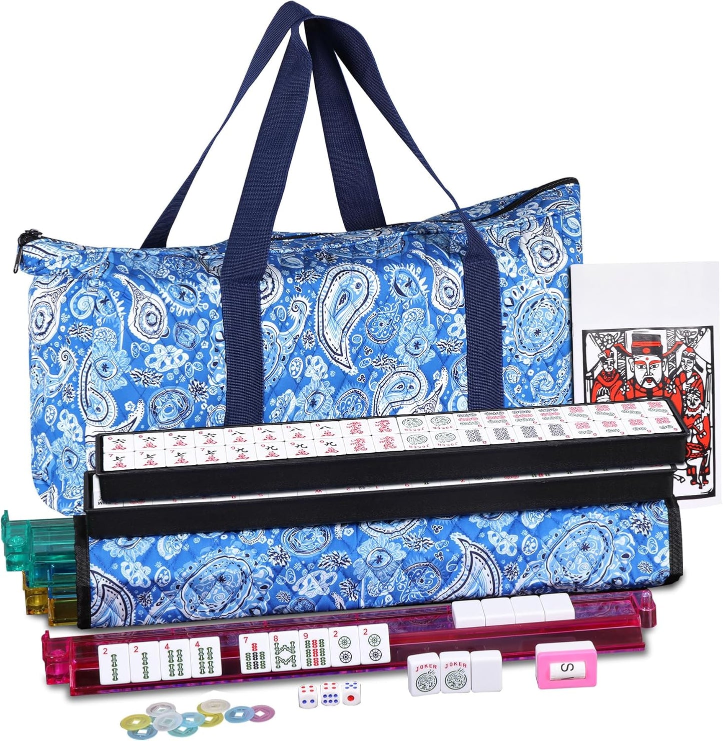 Smartxchoices 166 Tiles Mah Jongg Set American Mahjong, 4 All-in-One Mahjong Racks with Pushers, Mahjongg Game with Soft Velour Blue Bag, Western Mah Jongg Tiles