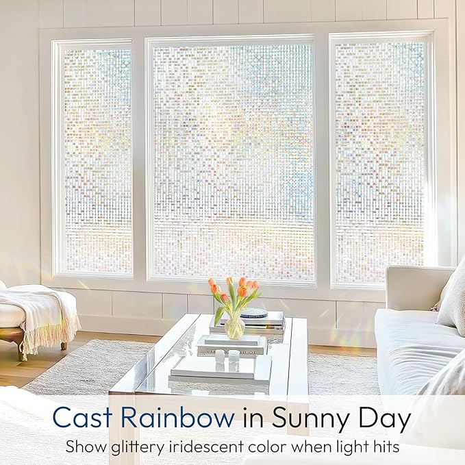 rabbitgoo Window Privacy Film Stained Glass Window Film, Mosaic Rainbow Decorative Glass Cling, Removable Static Cling Tint UV Blocking, Non-Adhesive Privacy Covering for Home, 23.6 x 78.5 inches