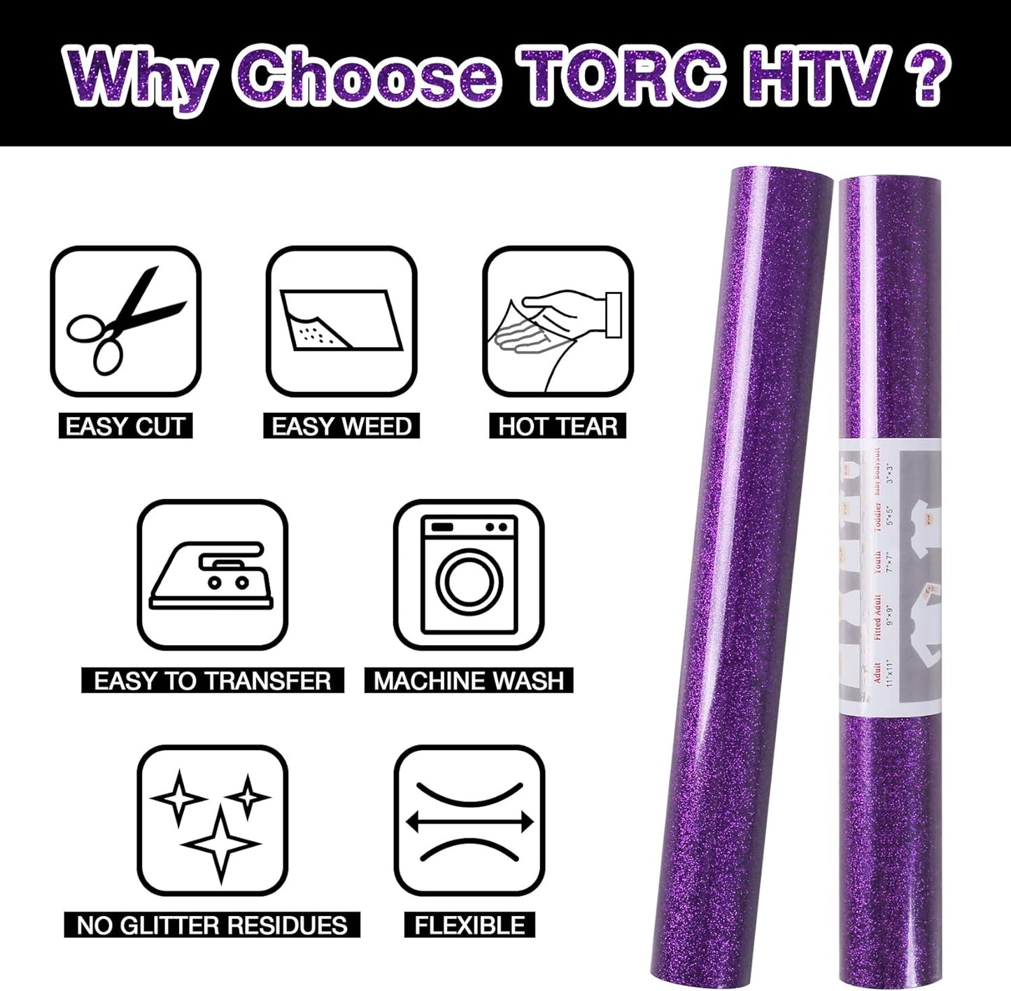 TORC Purple Glitter HTV Heat Transfer Vinyl Roll 12 inch x 10 ft Iron on Vinyl for T Shirts Crafts