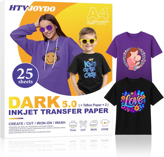 HTVJOYDO Iron-On Heat Transfer Paper for T-Shirts, 25 Sheets 8.5x11", Iron on Vinyl for Dark Fabric, Printable Heat Transfer Vinyl for Inkjet Printer, Perfect for Summer Crafts