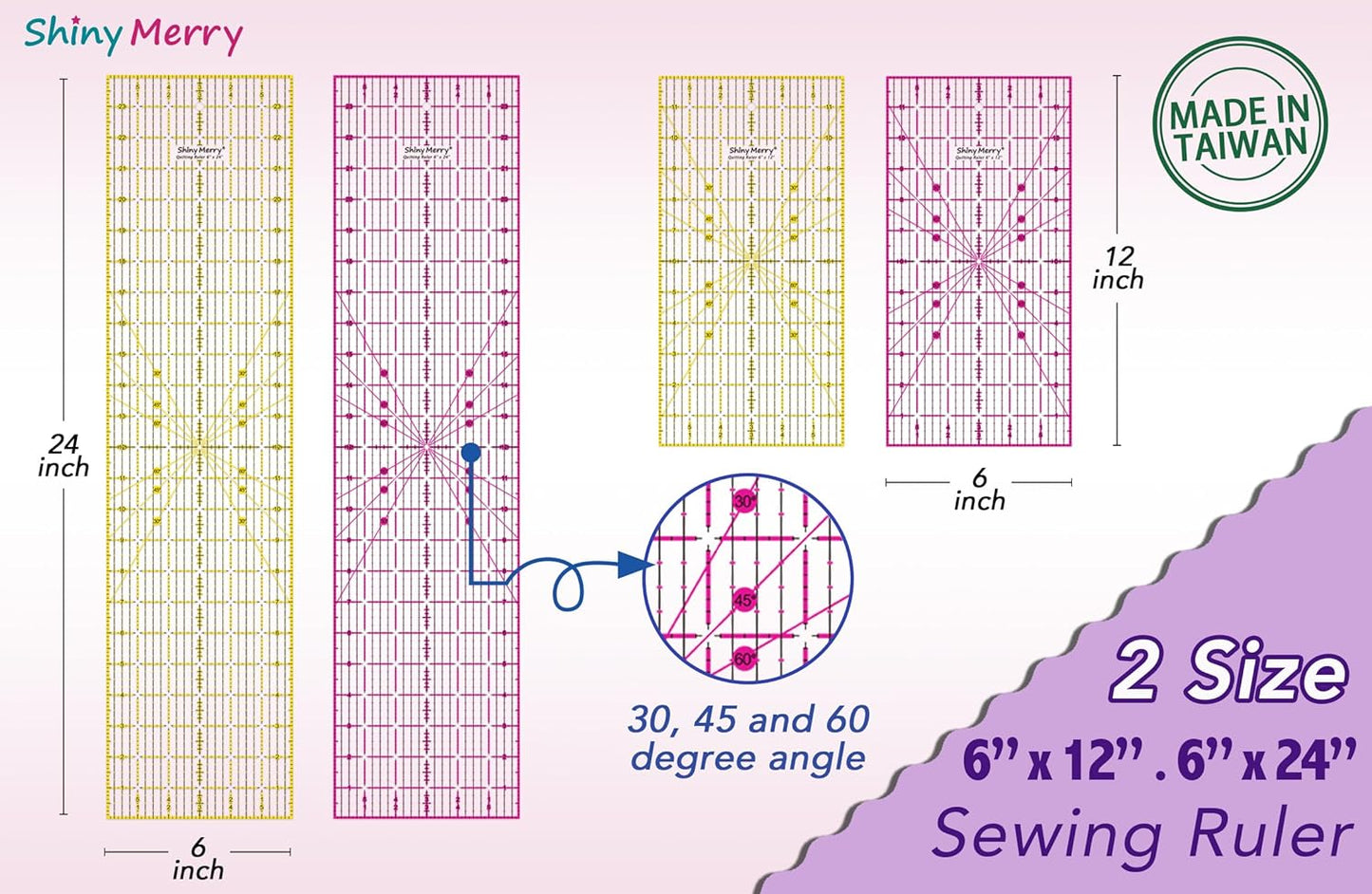 Quilting Ruler 6"x24",Non-Slip Clear Acrylic Sewing Ruler with Easy-to-Read Grid,Pink & Black Grid Design,Perfect for Fabric,Patchwork,Cutting & Sewing Crafts,Durable Tool for Quilting