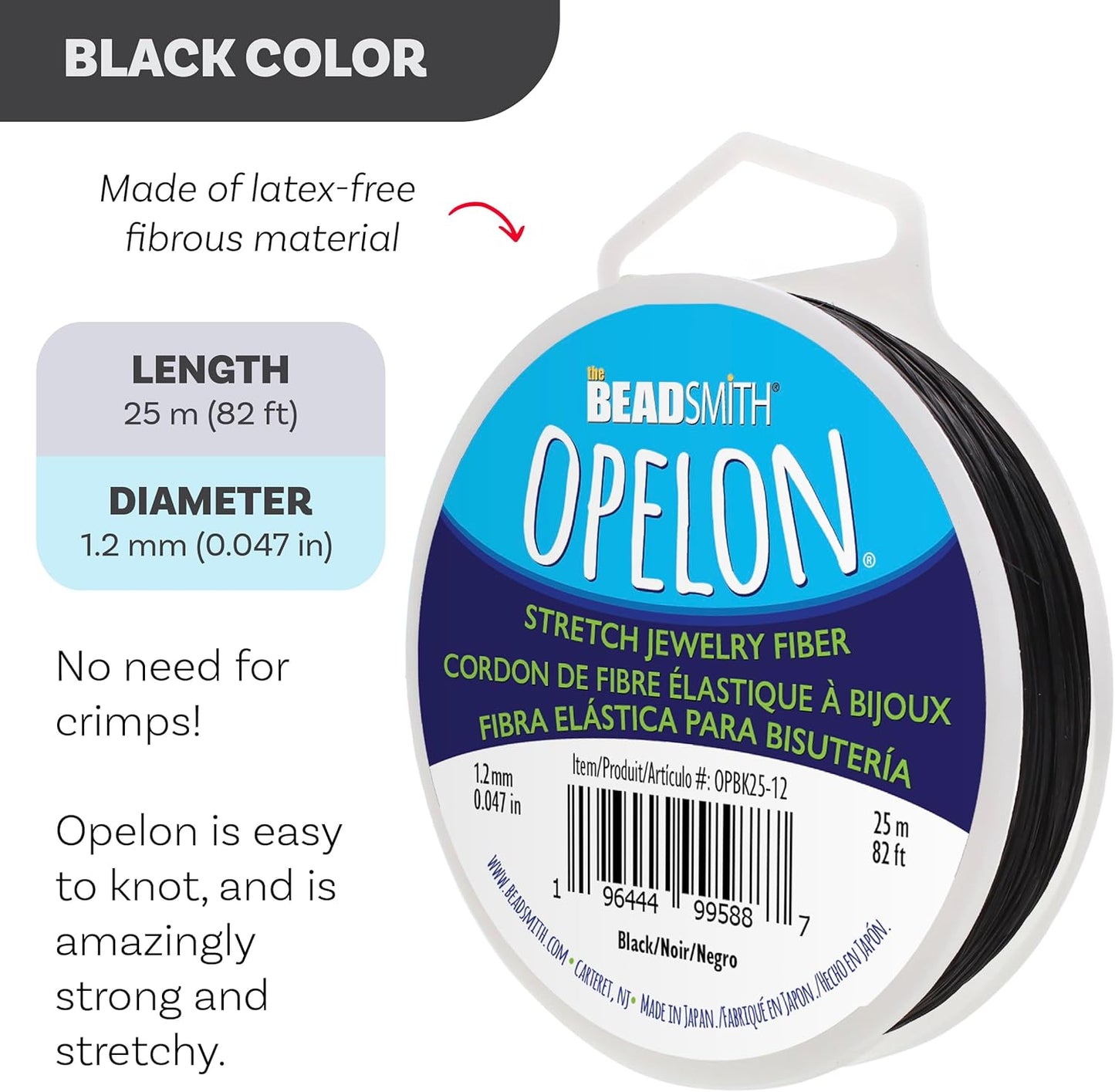The Beadsmith Opelon Stretch Cord – Elastic Beading Fiber, Black, 1.2 mm Diameter, 25 Meters (82 ft) Spool