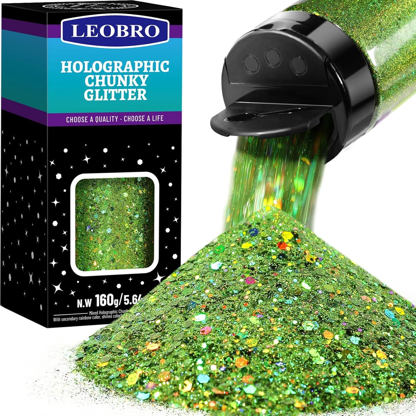 LEOBRO Green Glitter, 160g/5.64oz Light Green Chunky Glitter for Crafts, Resin, Body Nail, DIY Decorations