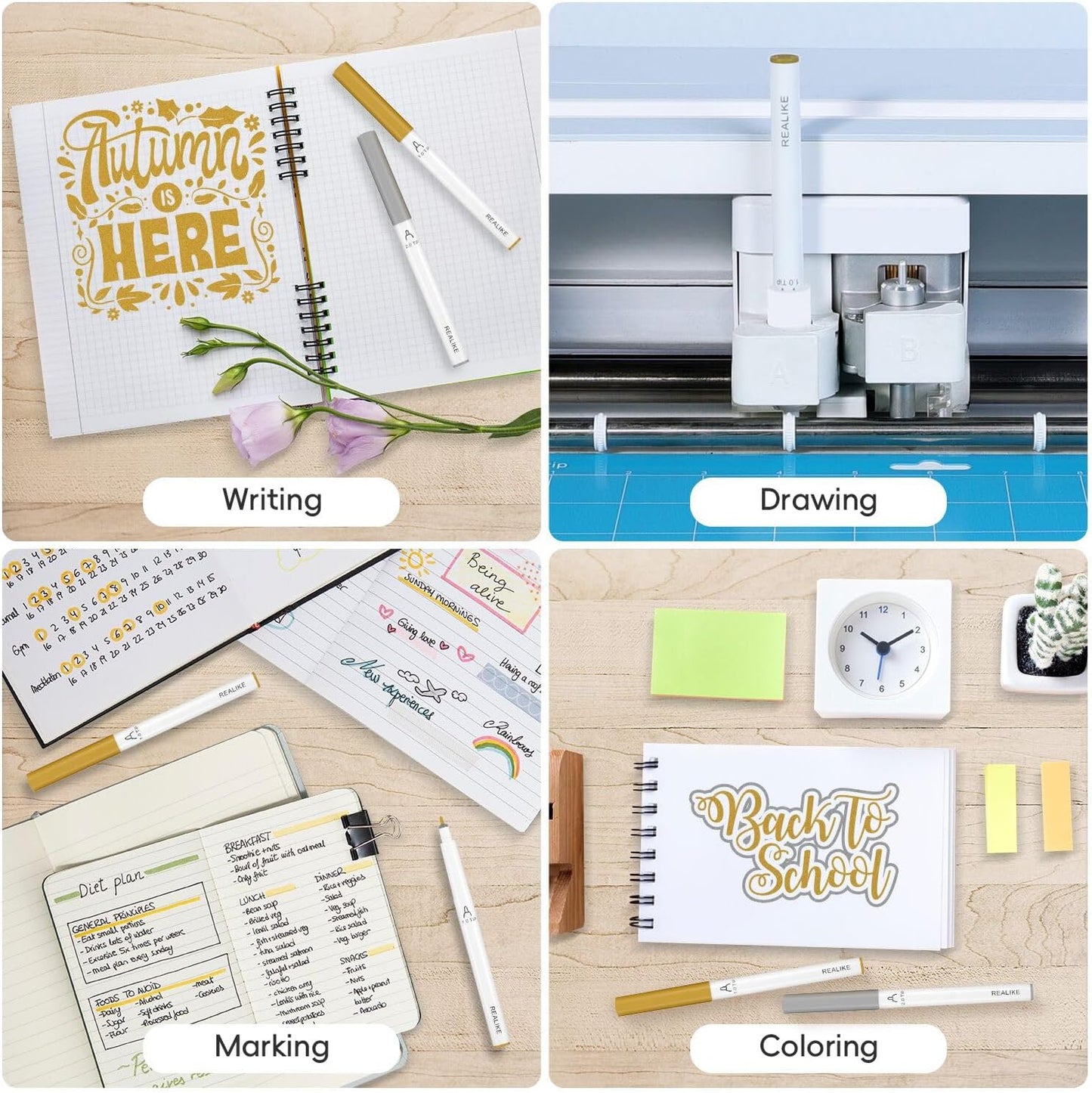 REALIKE Acrylic Paint Markers for Cricut Maker 3/Maker/Explore 3/Air 2/Air, Gold Silver White Acrylic Paint Pens for Rocks, Paper, Wood, Canvas, Glass, Ceramic, Fabric (1.0 & 2.0 Tip)