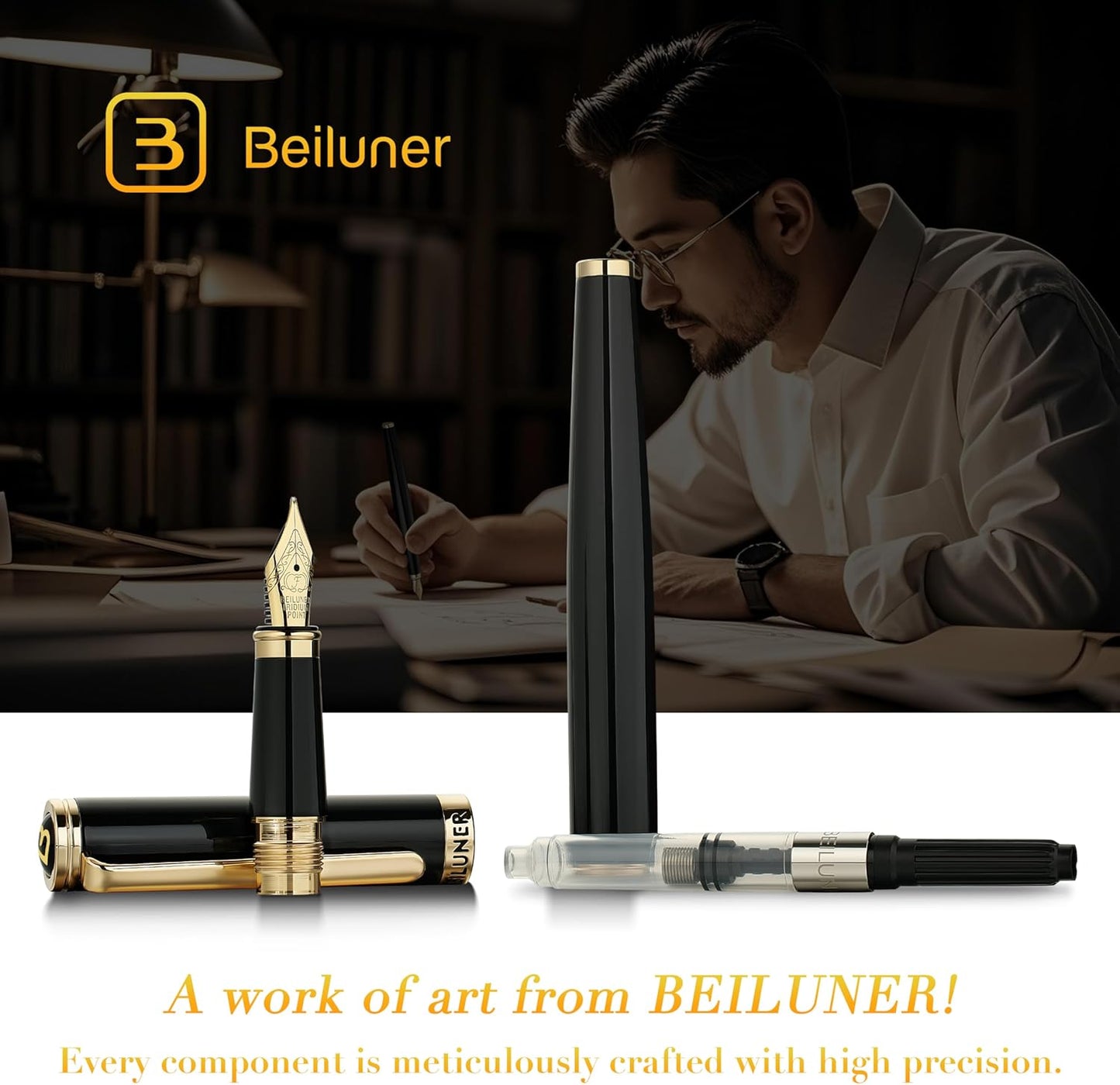 BEILUNER Black Fountain Pen,Stunning Luxury Pens with 24K Gold Accents, Gorgeous 24K Gilded Nib(Fine), Trustworthy Pen Gift for Men&Women -Ink Converter-Elegant, Reliable,Fancy Pen for Writing