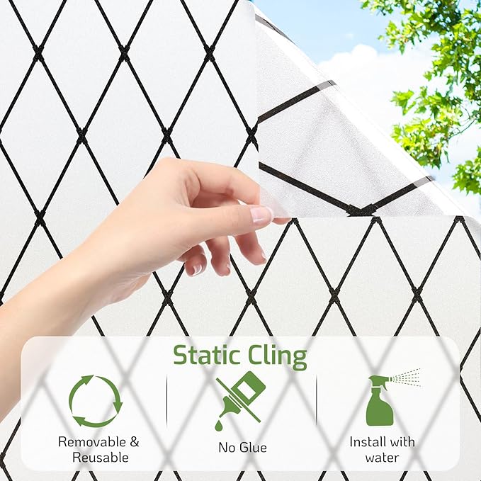 LUTE Frosted Window Privacy Film, Static Cling UV Sun Blocking Heat Control Window Cover, Removable Non-Adhesive Glass Sticker Vinyl Decorative Bathroom Frosting Decals, Black Lattice, 23.6" x 78.7"