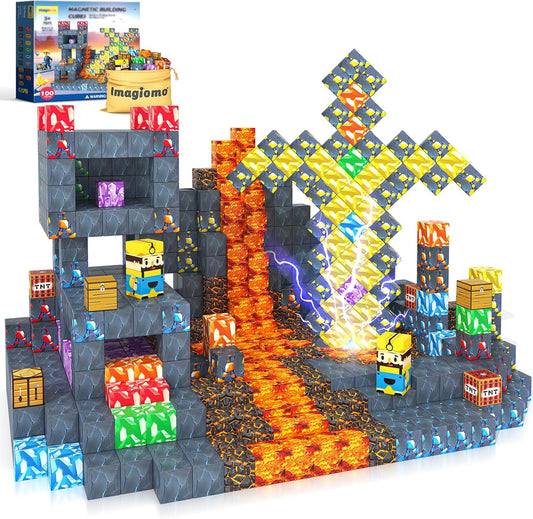 100PCS Magnetic Blocks - Build Mine Magnet World Mine Sword Adventure Set, Building Toys Classroom Must Haves Learning Sensory Toys for 3 4 5 6 7 8 Toddlers Kids Games Birthday Gifts for Boys & Girls