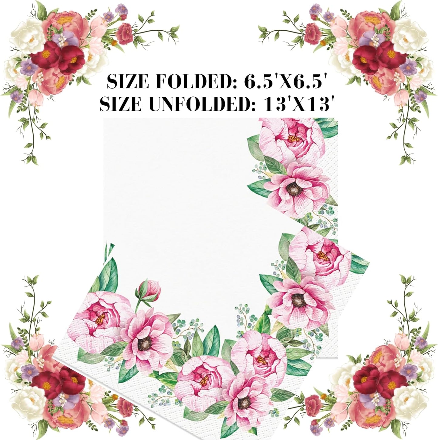 20-ct 13x13 Flowers Paper Luncheon Decoupage Napkins, 3-Ply Servilletas Printed Flower Twigs Round Cocktail Napkin for Art, Dinner and Party, Disposable Napkins Decor