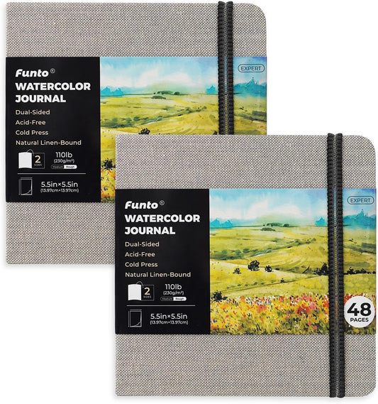 Funto Watercolor Journal, Square, 5.5x5.5, Portable 2-Pack, 48 Pages Each, Gray Cover, 110lb/230gsm, Art Supplies for Mixed Media