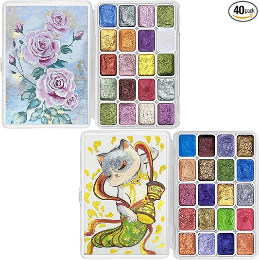 Mini Forestry Shifting Watercolor Painting Set, 40 Color Shifting Watercolor Paints, Shimmer Metallic & Glitter Watercolor Paints, Rococo & DunHuang Style