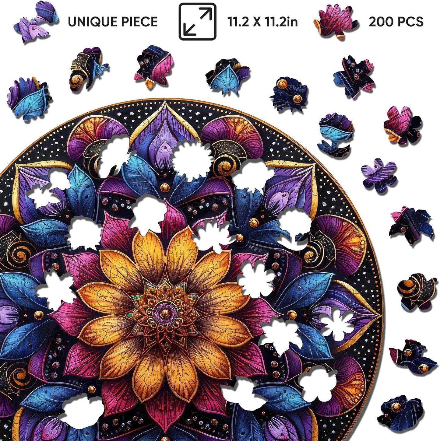 Wooden Puzzles for Adults, Mandala Jigsaw Puzzles 200 Piece, Unique Shapes Family Reunion Puzzle, Exquisite Packaging, Best Gift for Adults and Kids, Family Game, 11.2x11.2 in