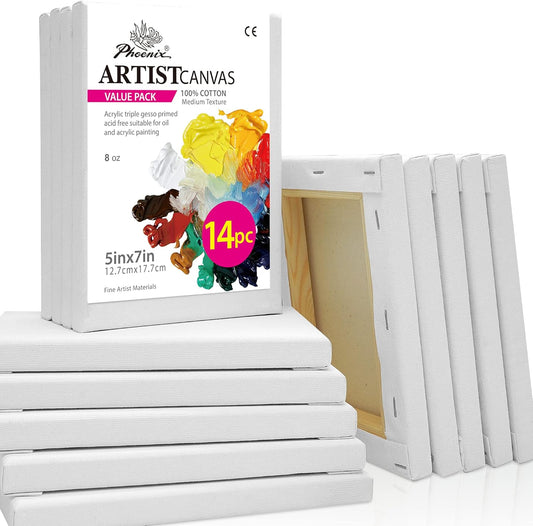 PHOENIX Stretched Canvas for Painting 5x7 Inch/14 Bulk Pack, 8 Oz Triple Primed 5/8 Inch Profile 100% Cotton White Blank Canvas, Small Framed Canvas for Oil Acrylic & Pouring Art