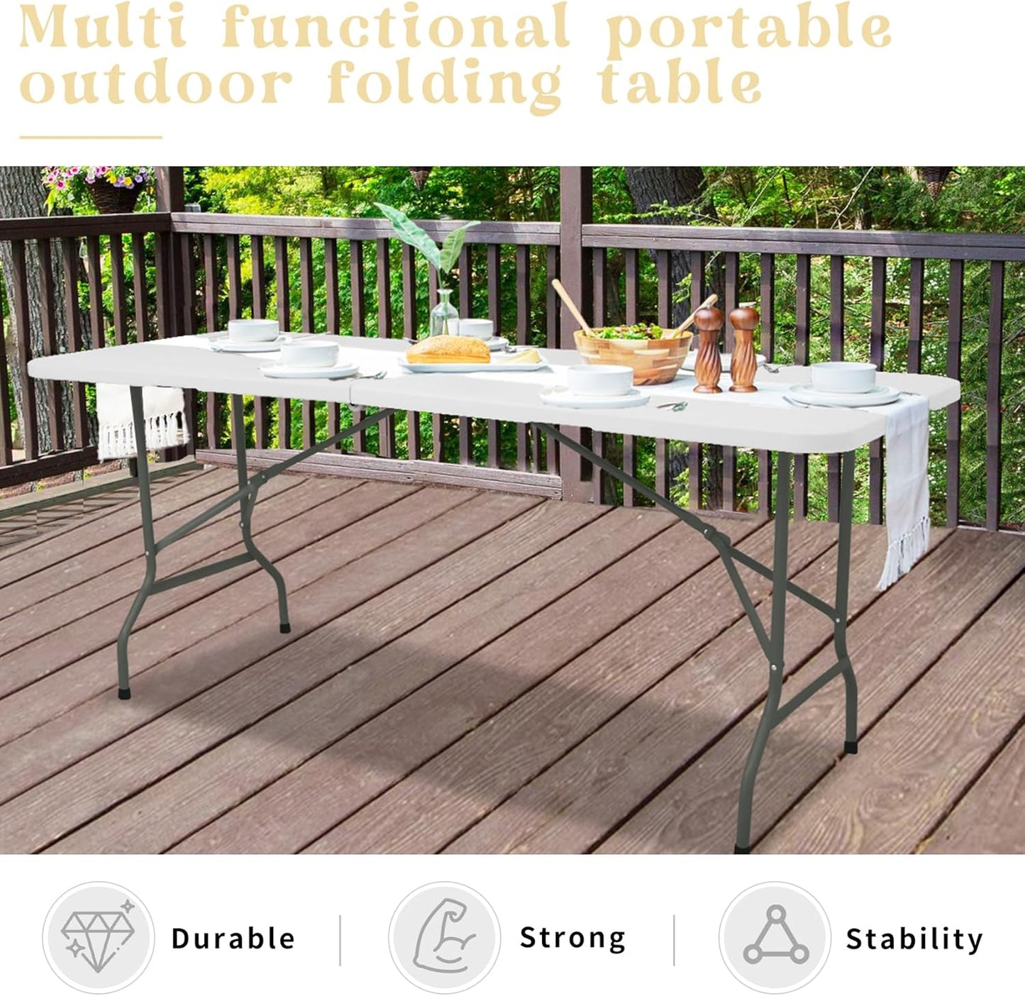 Folding Table 6 FT Lightweight Camping Table Portable Plastic Rectangular Outdoor Dining Table Steel Legs Fold-in-Half with Carrying Handle for Indoor,Picnic,Party,Wedding,Events(White)