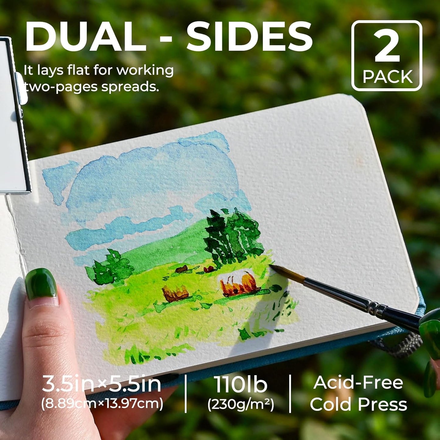 Funto Watercolor Journal, 3.5x5.5, 2 Pack, 24 Sheets Each, Blue Cloth Cover, 110lb/230gsm, Suitable for Techniques and Mixed Media