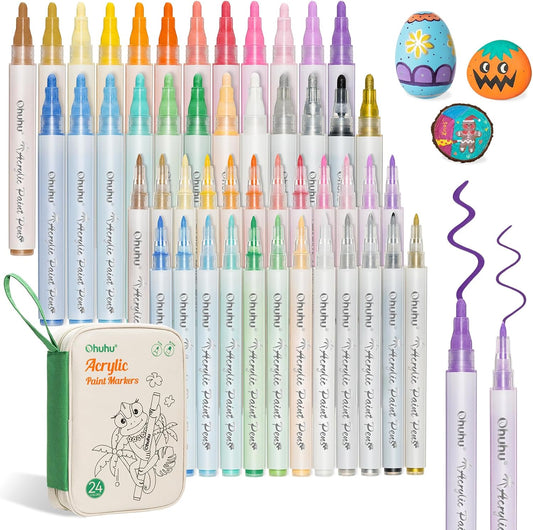 Ohuhu Acrylic Paint Markers, 48 Paint Pens Set of 24 Fine & 24 Round Tip in Same Assorted Colors - Reversible Chisel & Round - Good Coverage Acrylic Markers for Rock Painting Easter Egg Wood Plastic