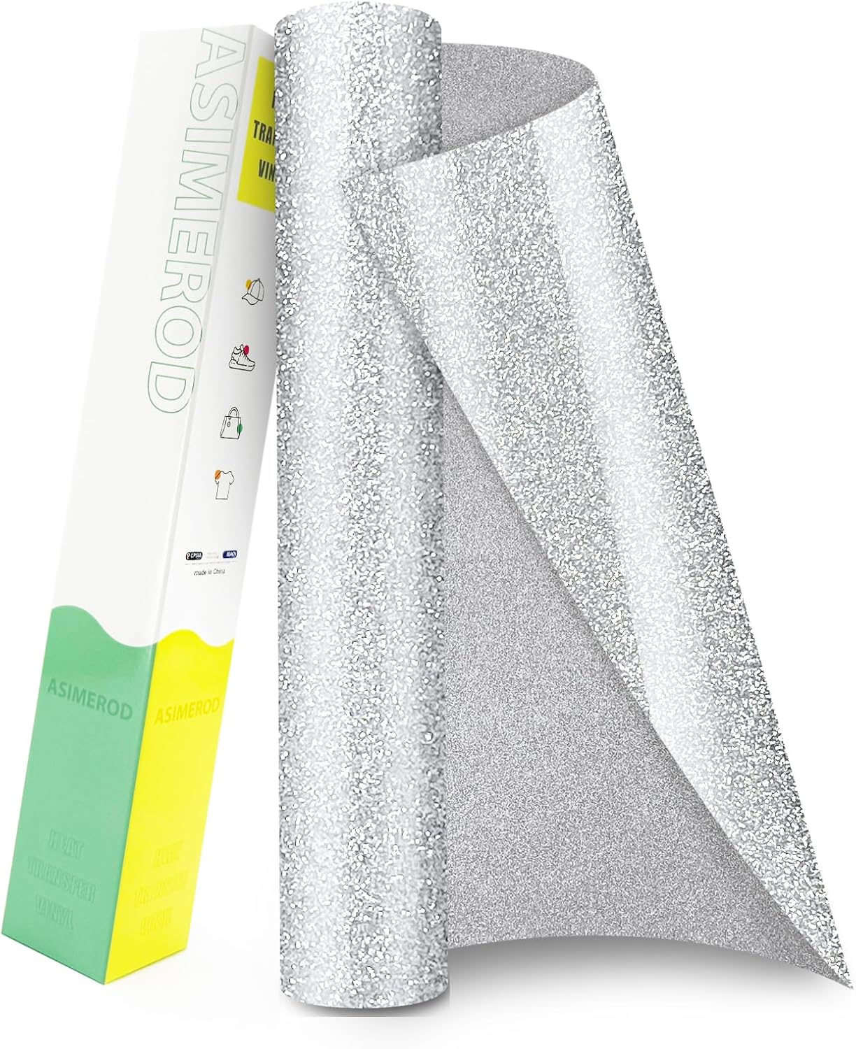 ASIMEROD Silver Glitter Heat Transfer Vinyl Rolls- 12" x 10ft. Silver Glitter Iron on Vinyl for DIY T-Shirts, Glitter for All Cutters, Heat Transfer Vinyl