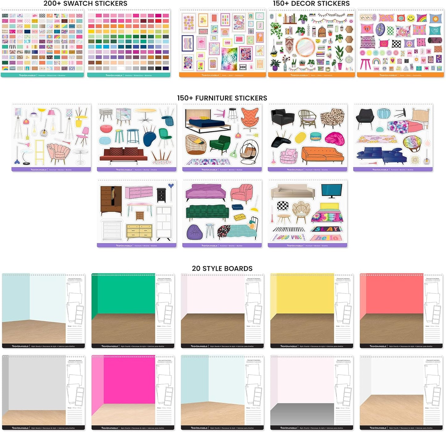 Fashion Angels Interior Design Sticker Stylist - 20 Style Boards with 14 Sticker Sheets - Interior Design Set for Kids - Room Design Kit for Girls - 550+ Aesthetic Room Decor Stickers - Ages 6 and Up
