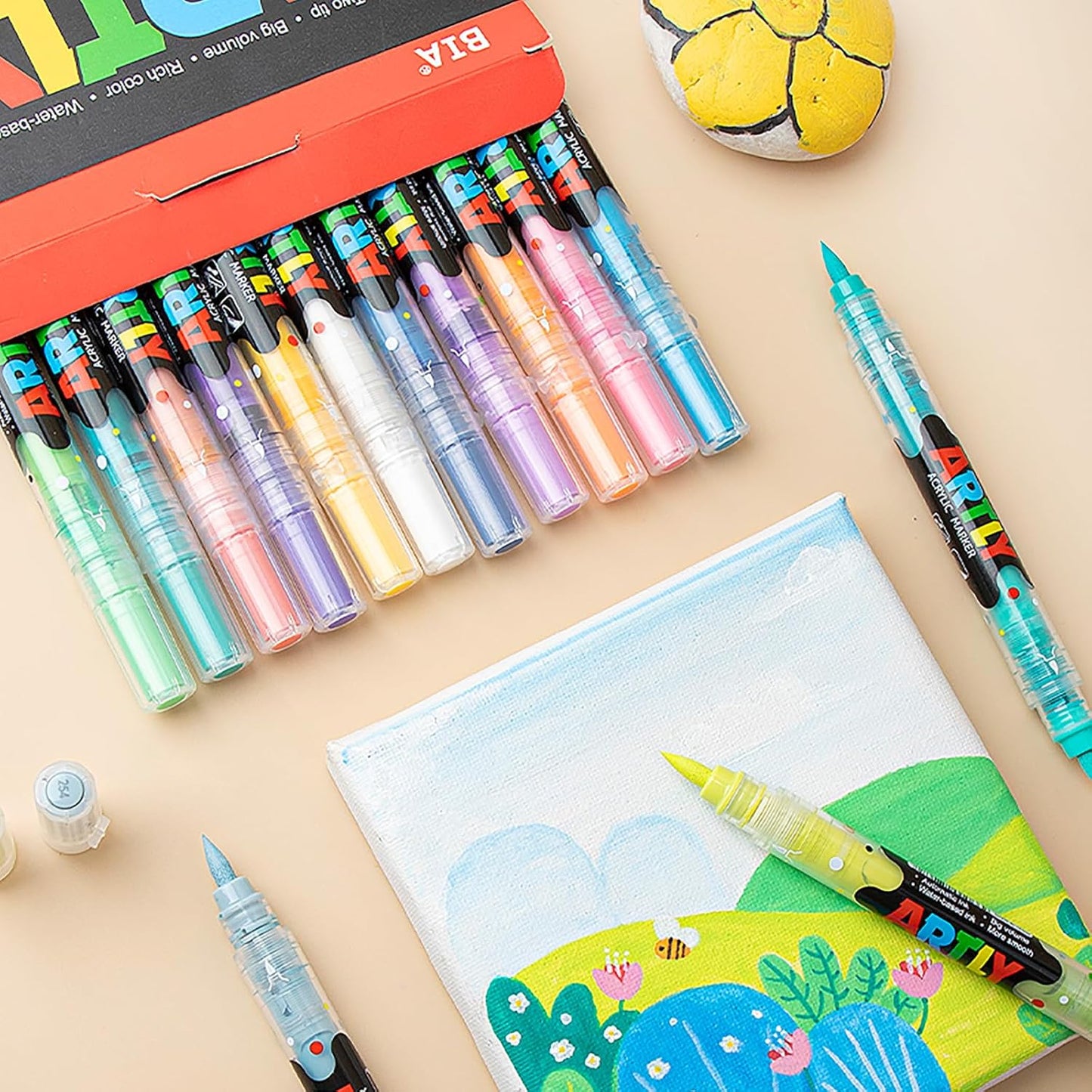 24 Colors Paint Markers, Dual-Color Acrylic Pens with Brush Tips, Double Tipped for Rocks & Art Supplies (12pcs/24colors)