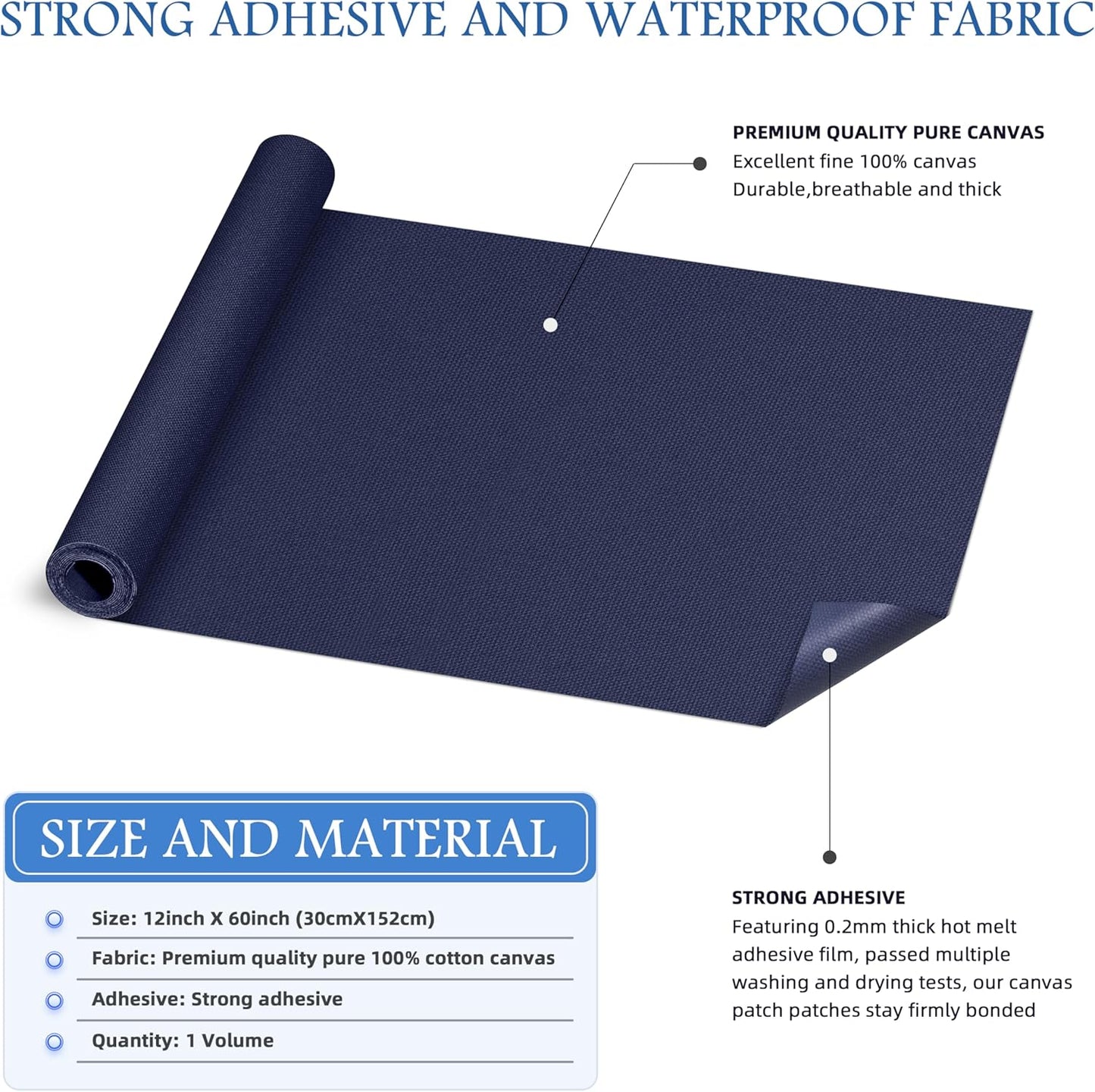 KING MOUNTAIN Canvas Iron on Patch,12"×60",Waterproof 100% Cotton Fabric Repair Patch,Used for Various Sofa,Tent,Clothes,Seats,Suitcases (Dark Blue,Waterproof)