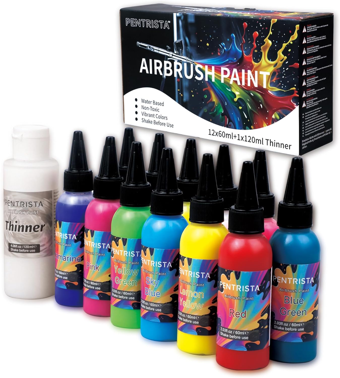 PENTRISTA Airbrush Paint Set,12 Colors(2.03oz, 60 ml) with 4.06oz Thinner,Ready to Spray Air Brush Paint,Opaque & Neon Colors, Water-Based Acrylic Airbrush Set for Nails,Models,Hobbyist and Artists