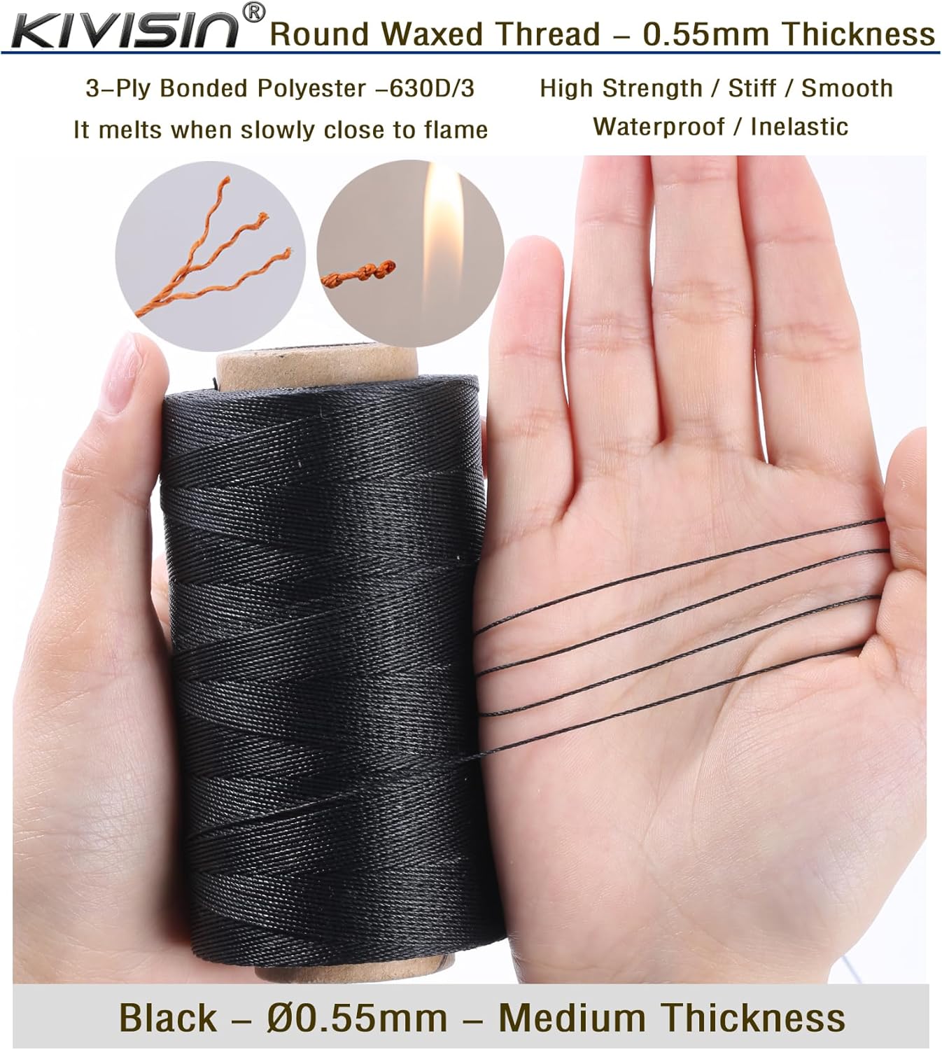 Sturdy Bonded Waxed Polyester Thread, 0.55mm, 437 Yards Wax String Cord - Black for Leather, Hand Sewing, Stitching, Beading, Bookbinding, Bracelets and Macrame Jewelry Making